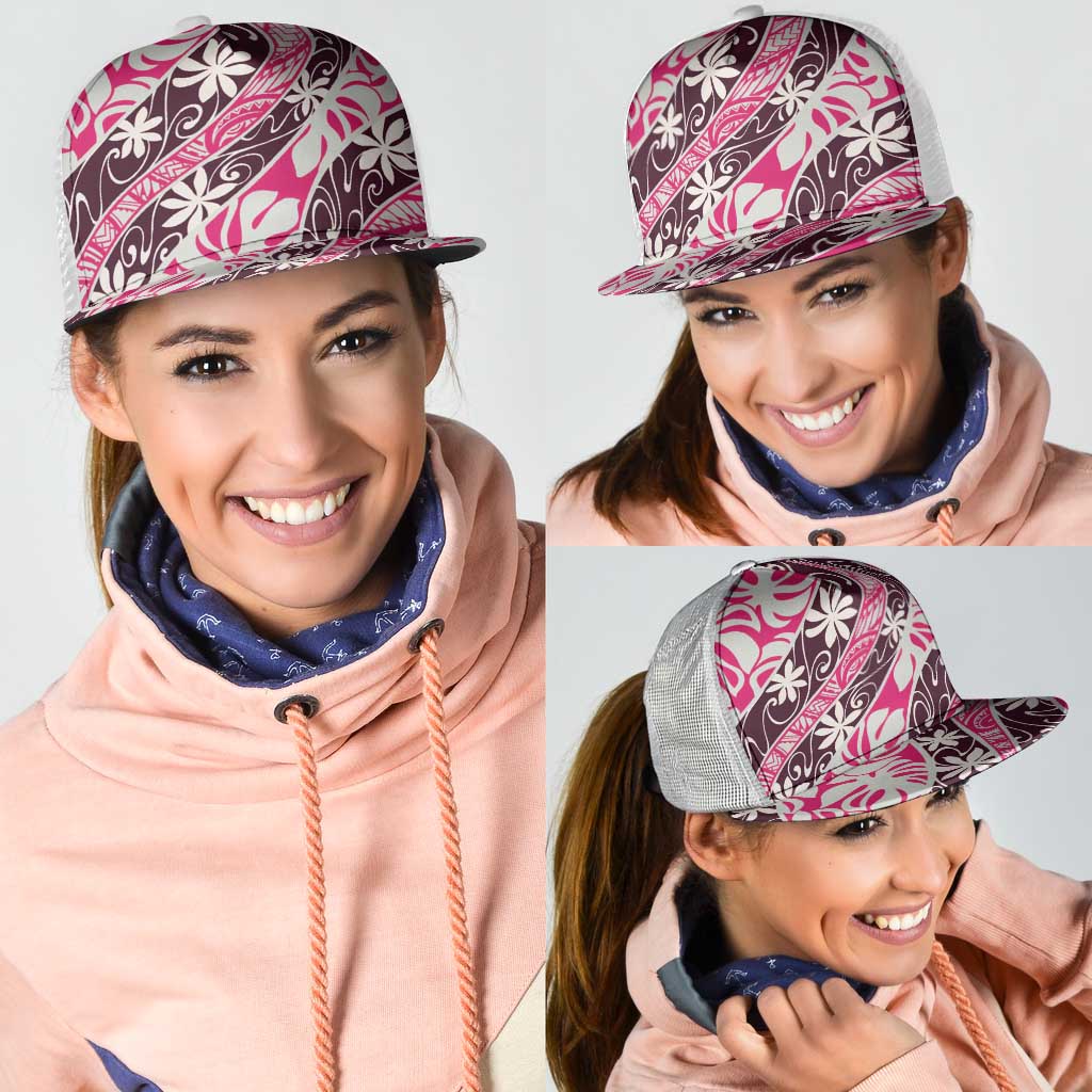 Tarona Tahiti Tiare Monstera Mesh Trucker Cap Polynesian Pattern Curve Style - Polynesian Pride