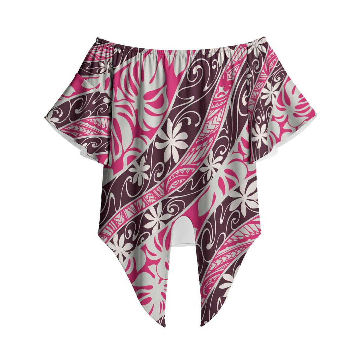 Tarona Tahiti Tiare Monstera Off Shoulder Wrap Waist Top Polynesian Pattern Curve Style LT01 Pink - Polynesian Pride