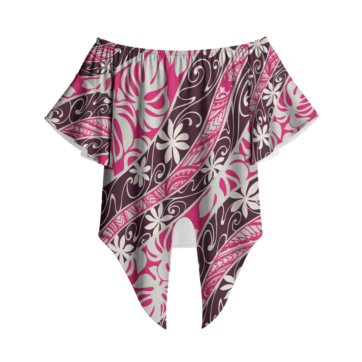 Tarona Tahiti Tiare Monstera Off Shoulder Wrap Waist Top Polynesian Pattern Curve Style LT01 Pink - Polynesian Pride