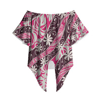 Tarona Tahiti Tiare Monstera Off Shoulder Wrap Waist Top Polynesian Pattern Curve Style LT01 Pink - Polynesian Pride
