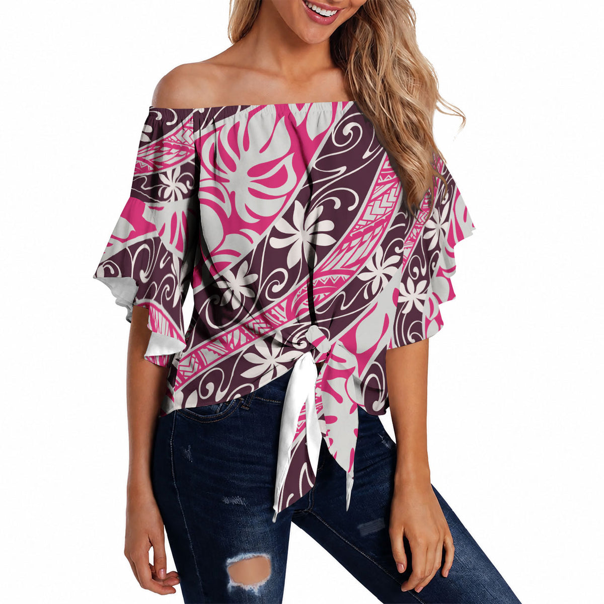Tarona Tahiti Tiare Monstera Off Shoulder Wrap Waist Top Polynesian Pattern Curve Style LT01 - Polynesian Pride