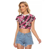 Tarona Tahiti Tiare Monstera Raglan Cropped T Shirt Polynesian Pattern Curve Style LT01 Female Pink - Polynesian Pride