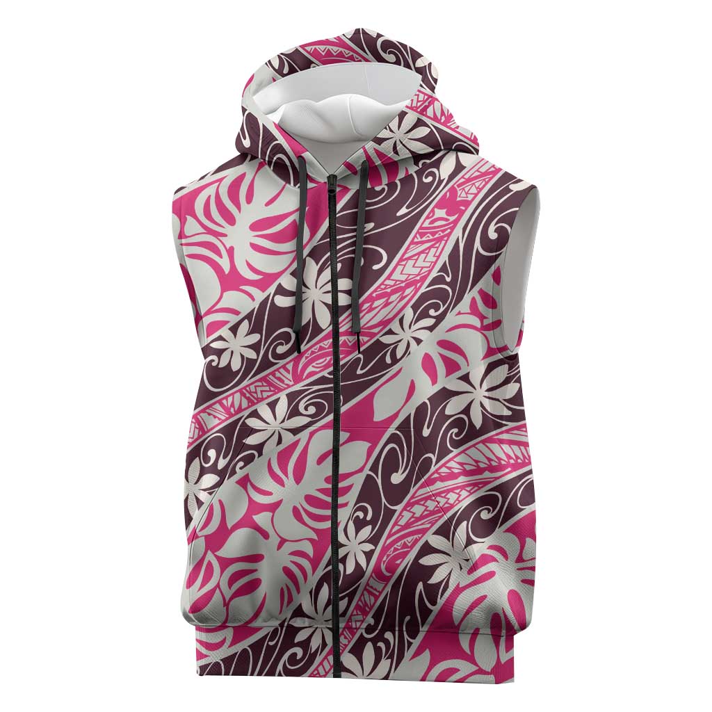 Tarona Tahiti Tiare Monstera Sleeveless Zip Hoodie Polynesian Pattern Curve Style - Polynesian Pride