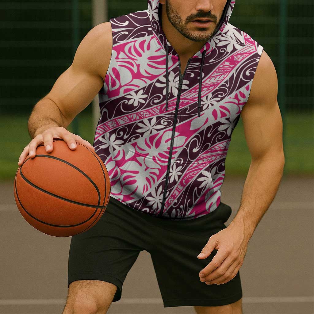 Tarona Tahiti Tiare Monstera Sleeveless Zip Hoodie Polynesian Pattern Curve Style - Polynesian Pride