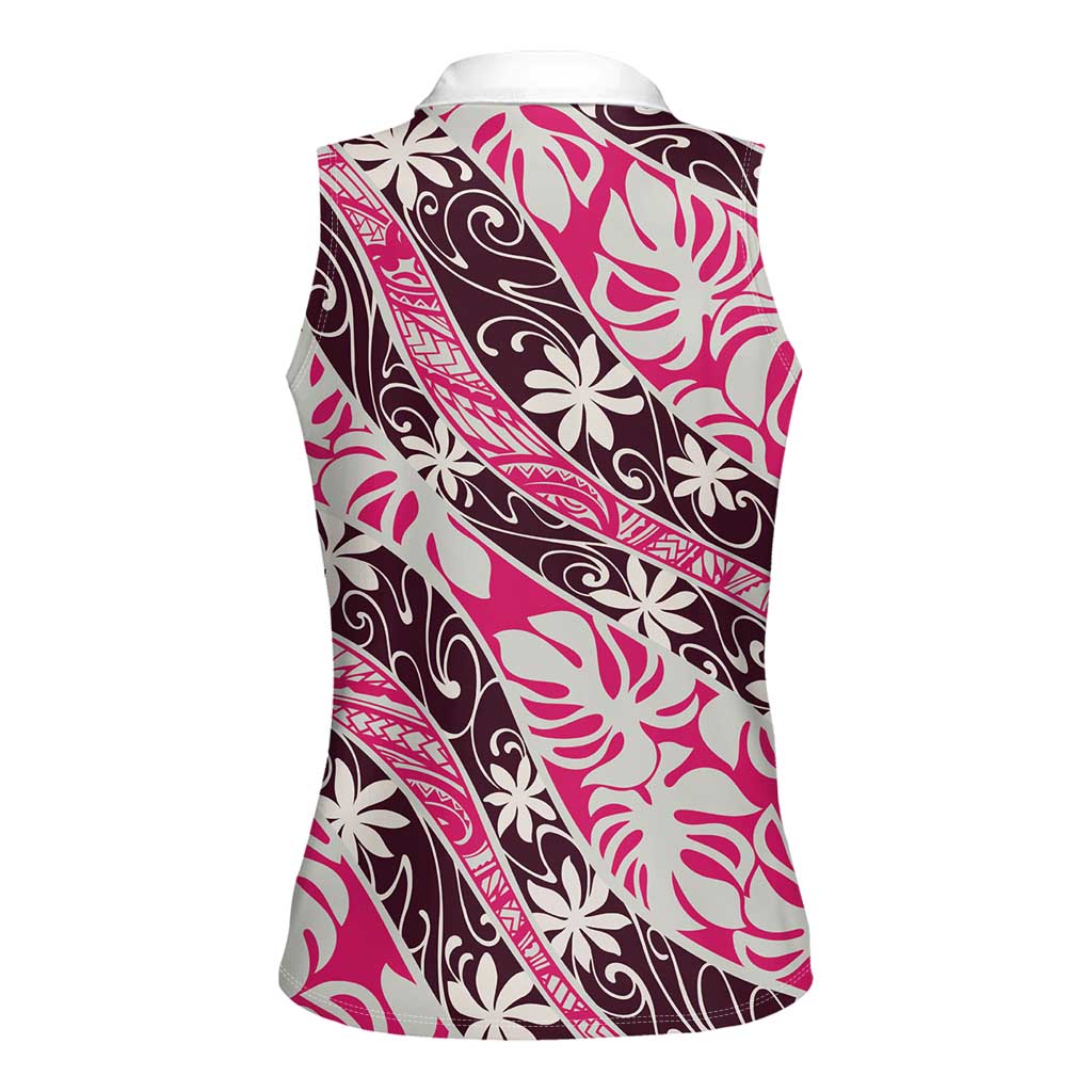 Tarona Tahiti Tiare Monstera Women Sleeveless Polo Shirt Polynesian Pattern Curve Style - Polynesian Pride