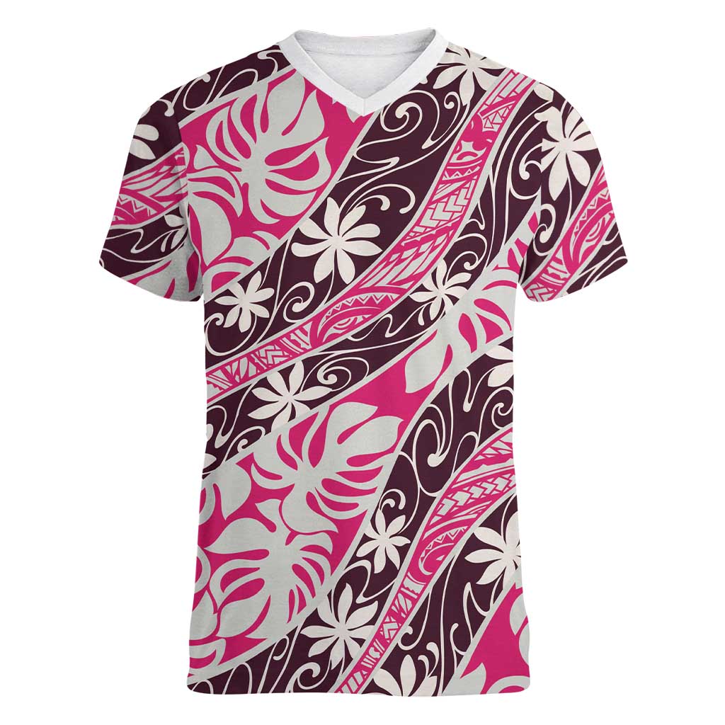 Tarona Tahiti Tiare Monstera Women V-Neck T-Shirt Polynesian Pattern Curve Style LT01 Female Pink - Polynesian Pride