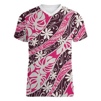Tarona Tahiti Tiare Monstera Women V-Neck T-Shirt Polynesian Pattern Curve Style LT01 Female Pink - Polynesian Pride