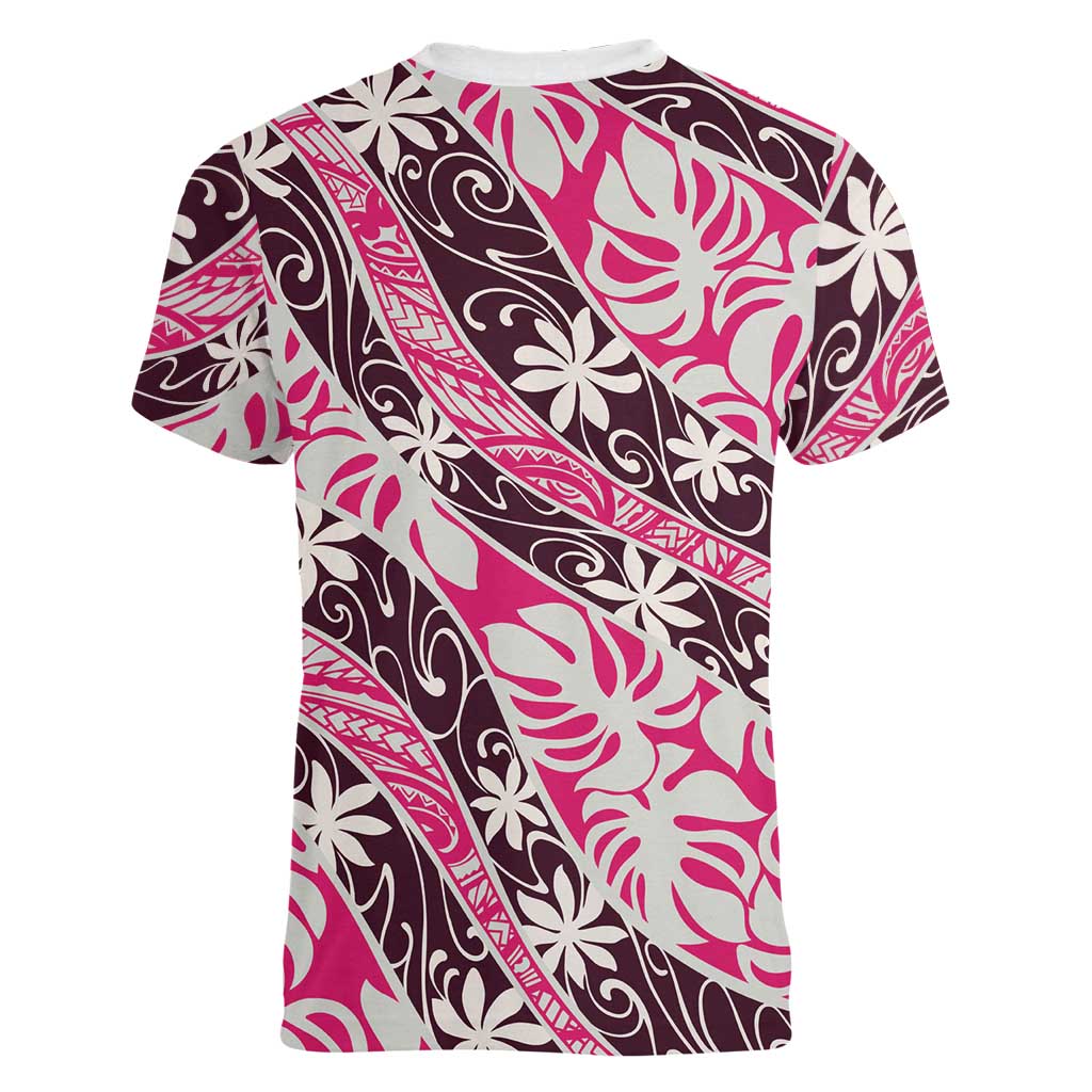 Tarona Tahiti Tiare Monstera Women V-Neck T-Shirt Polynesian Pattern Curve Style LT01 - Polynesian Pride