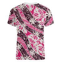Tarona Tahiti Tiare Monstera Women V-Neck T-Shirt Polynesian Pattern Curve Style LT01 - Polynesian Pride