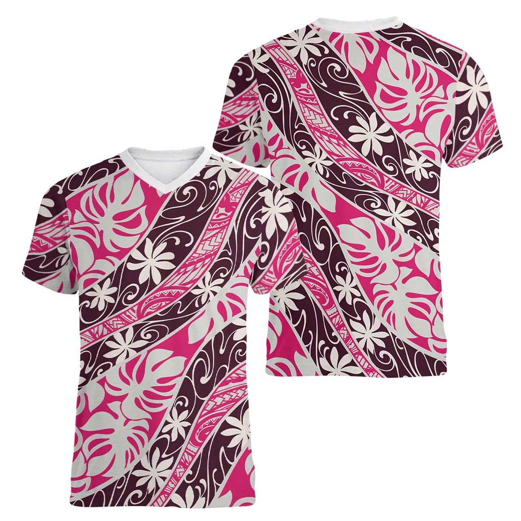 Tarona Tahiti Tiare Monstera Women V-Neck T-Shirt Polynesian Pattern Curve Style LT01 - Polynesian Pride