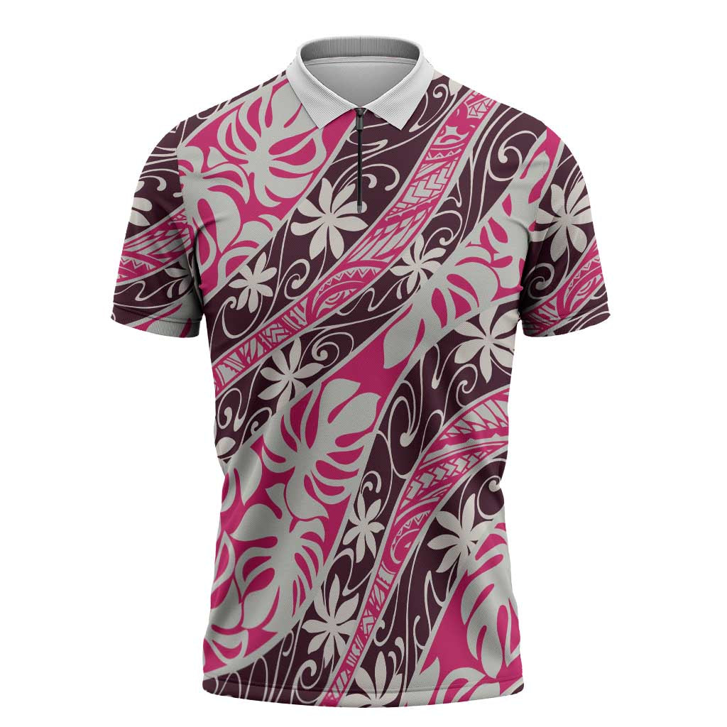Tarona Tahiti Tiare Monstera Zipper Polo Shirt Polynesian Pattern Curve Style LT01 Pink - Polynesian Pride