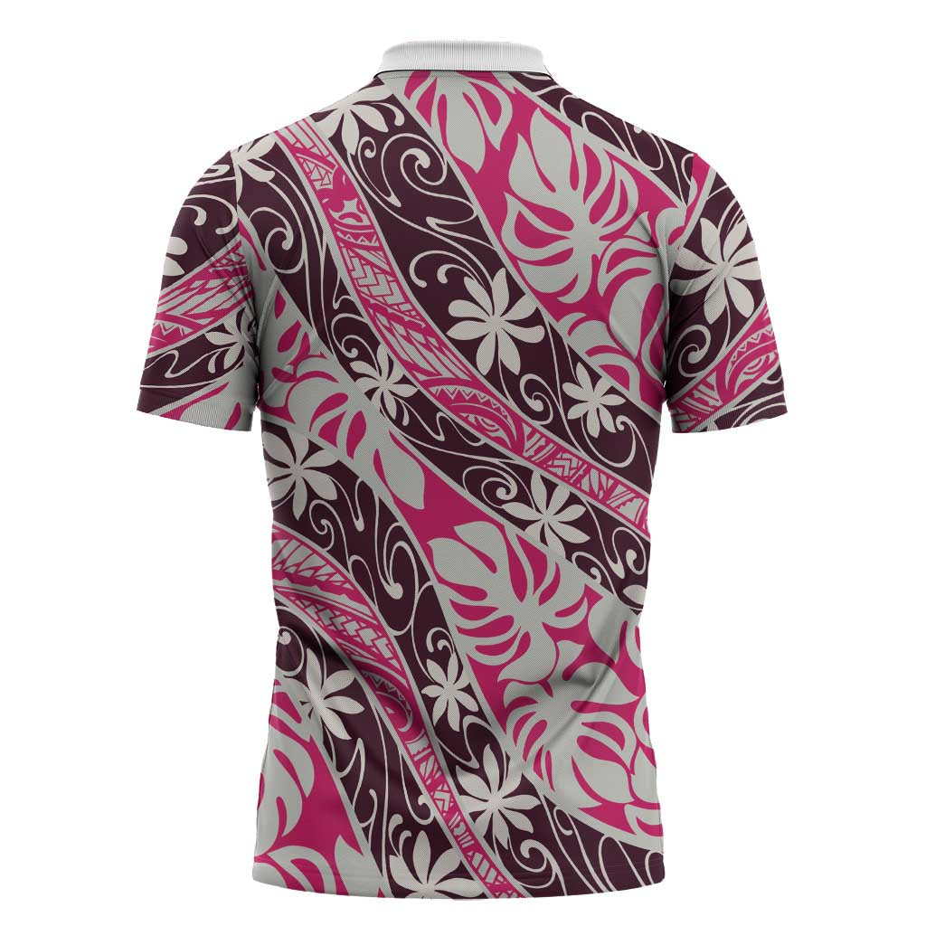 Tarona Tahiti Tiare Monstera Zipper Polo Shirt Polynesian Pattern Curve Style LT01 - Polynesian Pride