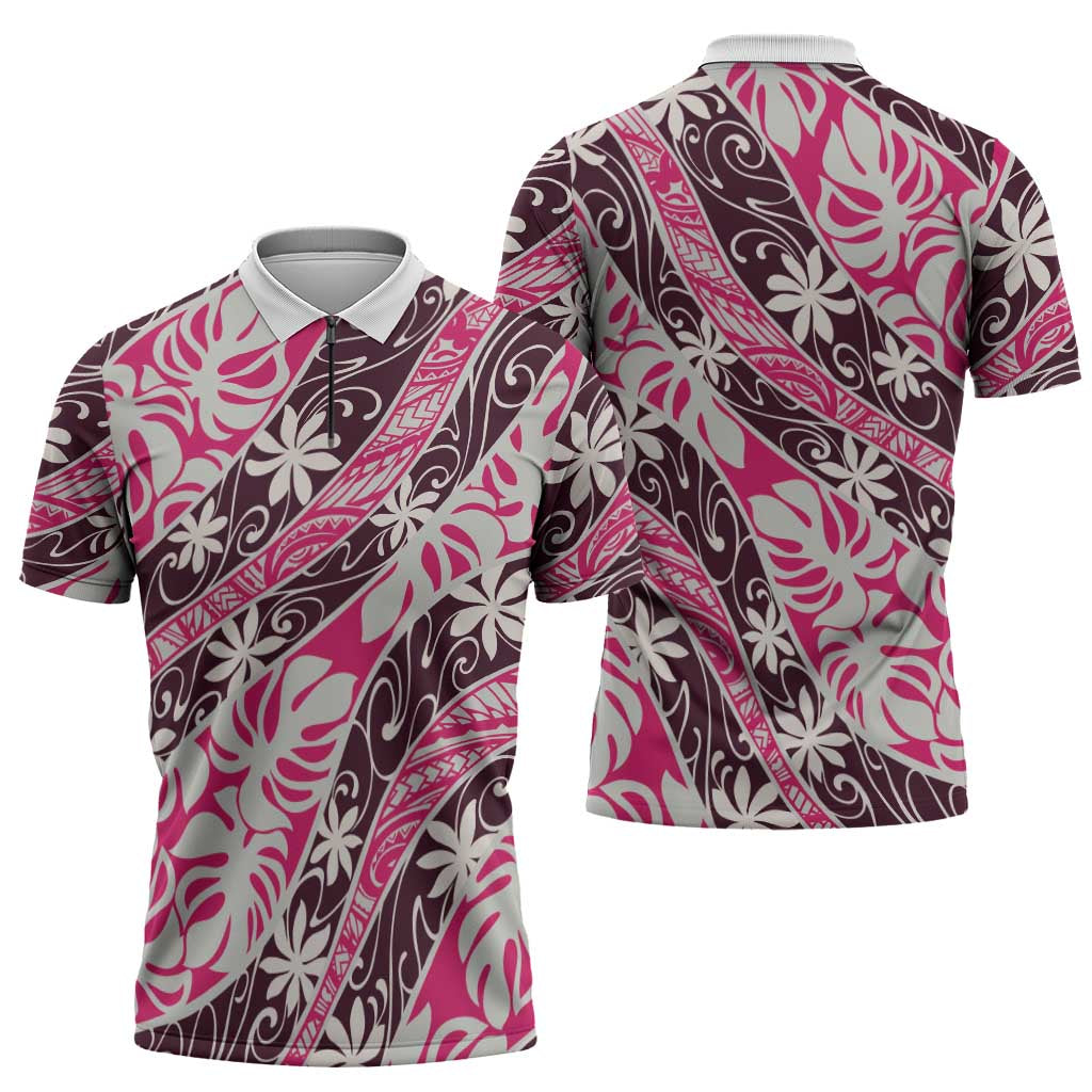 Tarona Tahiti Tiare Monstera Zipper Polo Shirt Polynesian Pattern Curve Style LT01 - Polynesian Pride