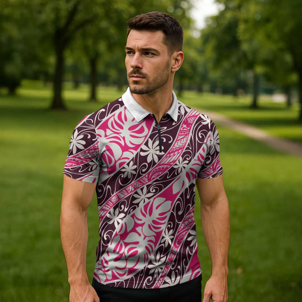 Tarona Tahiti Tiare Monstera Zipper Polo Shirt Polynesian Pattern Curve Style LT01 - Polynesian Pride