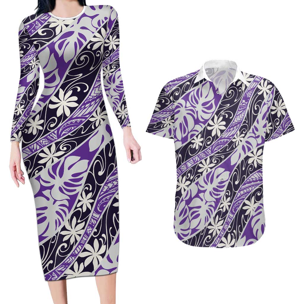 Vareau Tahiti Tiare Monstera Couples Matching Long Sleeve Bodycon Dress and Hawaiian Shirt Polynesian Pattern Curve Style LT01 Purple - Polynesian Pride