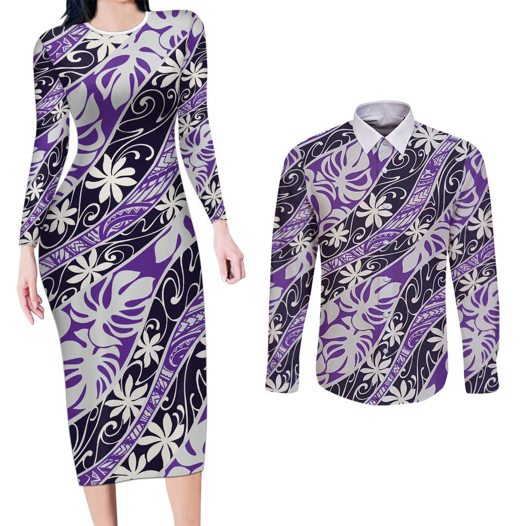 Vareau Tahiti Tiare Monstera Couples Matching Long Sleeve Bodycon Dress and Long Sleeve Button Shirt Polynesian Pattern Curve Style LT01 Purple - Polynesian Pride