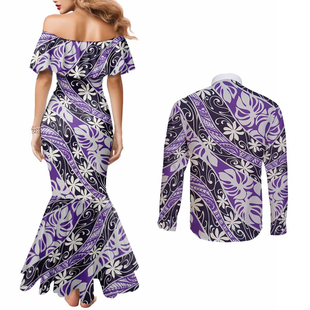 Vareau Tahiti Tiare Monstera Couples Matching Mermaid Dress and Long Sleeve Button Shirt Polynesian Pattern Curve Style LT01 - Polynesian Pride