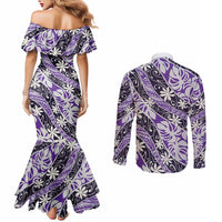 Vareau Tahiti Tiare Monstera Couples Matching Mermaid Dress and Long Sleeve Button Shirt Polynesian Pattern Curve Style LT01 - Polynesian Pride