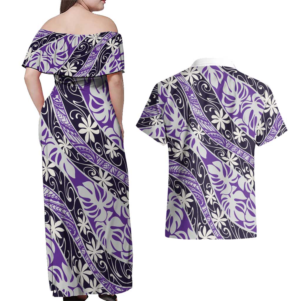 Vareau Tahiti Tiare Monstera Couples Matching Off Shoulder Maxi Dress and Hawaiian Shirt Polynesian Pattern Curve Style LT01 - Polynesian Pride