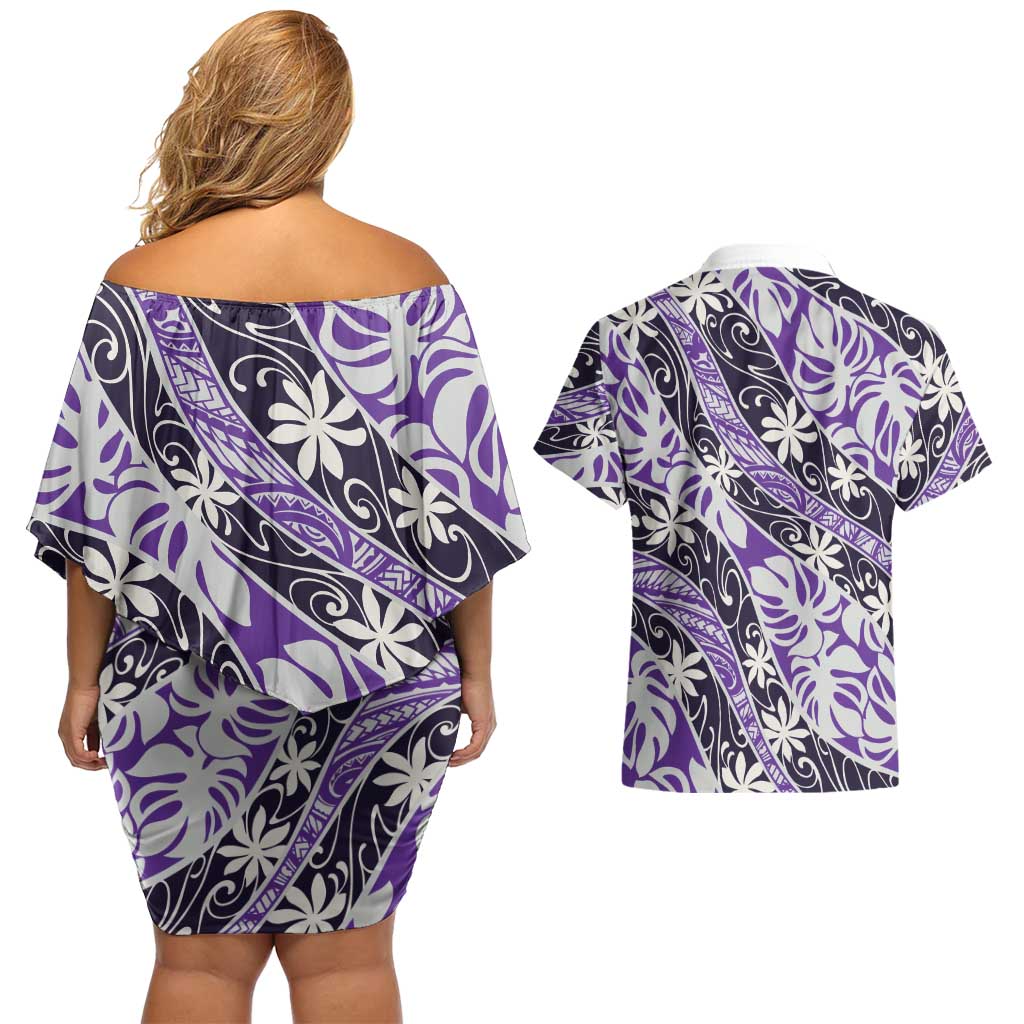 Vareau Tahiti Tiare Monstera Couples Matching Off Shoulder Short Dress and Hawaiian Shirt Polynesian Pattern Curve Style LT01 - Polynesian Pride