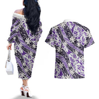 Vareau Tahiti Tiare Monstera Couples Matching Off The Shoulder Long Sleeve Dress and Hawaiian Shirt Polynesian Pattern Curve Style LT01 - Polynesian Pride