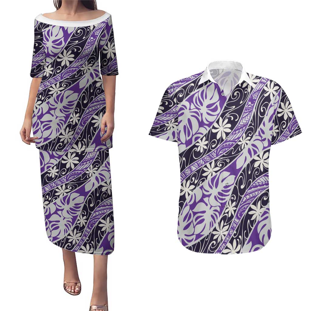 Vareau Tahiti Tiare Monstera Couples Matching Puletasi and Hawaiian Shirt Polynesian Pattern Curve Style - Polynesian Pride