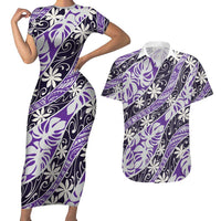 Vareau Tahiti Tiare Monstera Couples Matching Short Sleeve Bodycon Dress and Hawaiian Shirt Polynesian Pattern Curve Style LT01 Purple - Polynesian Pride