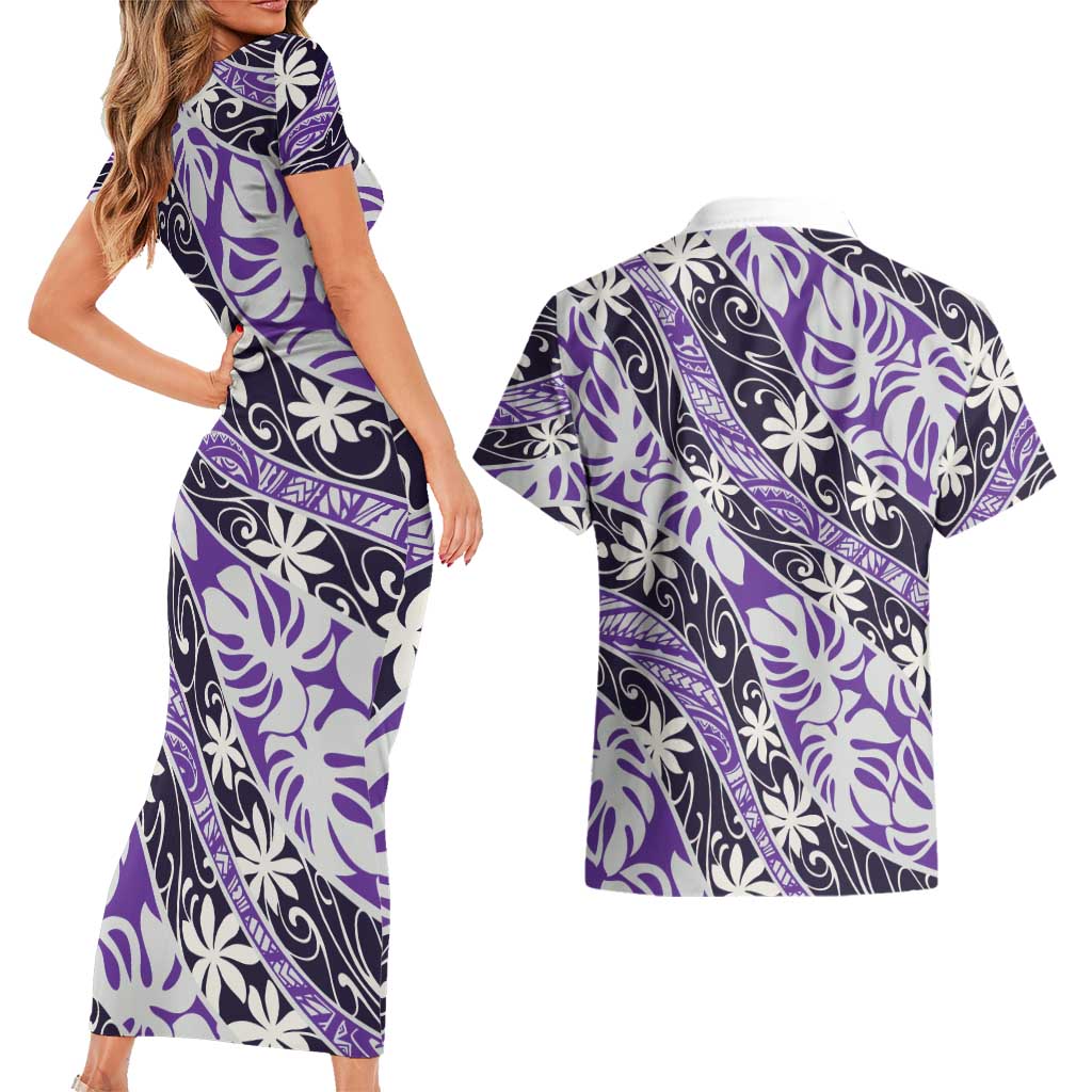Vareau Tahiti Tiare Monstera Couples Matching Short Sleeve Bodycon Dress and Hawaiian Shirt Polynesian Pattern Curve Style LT01 - Polynesian Pride