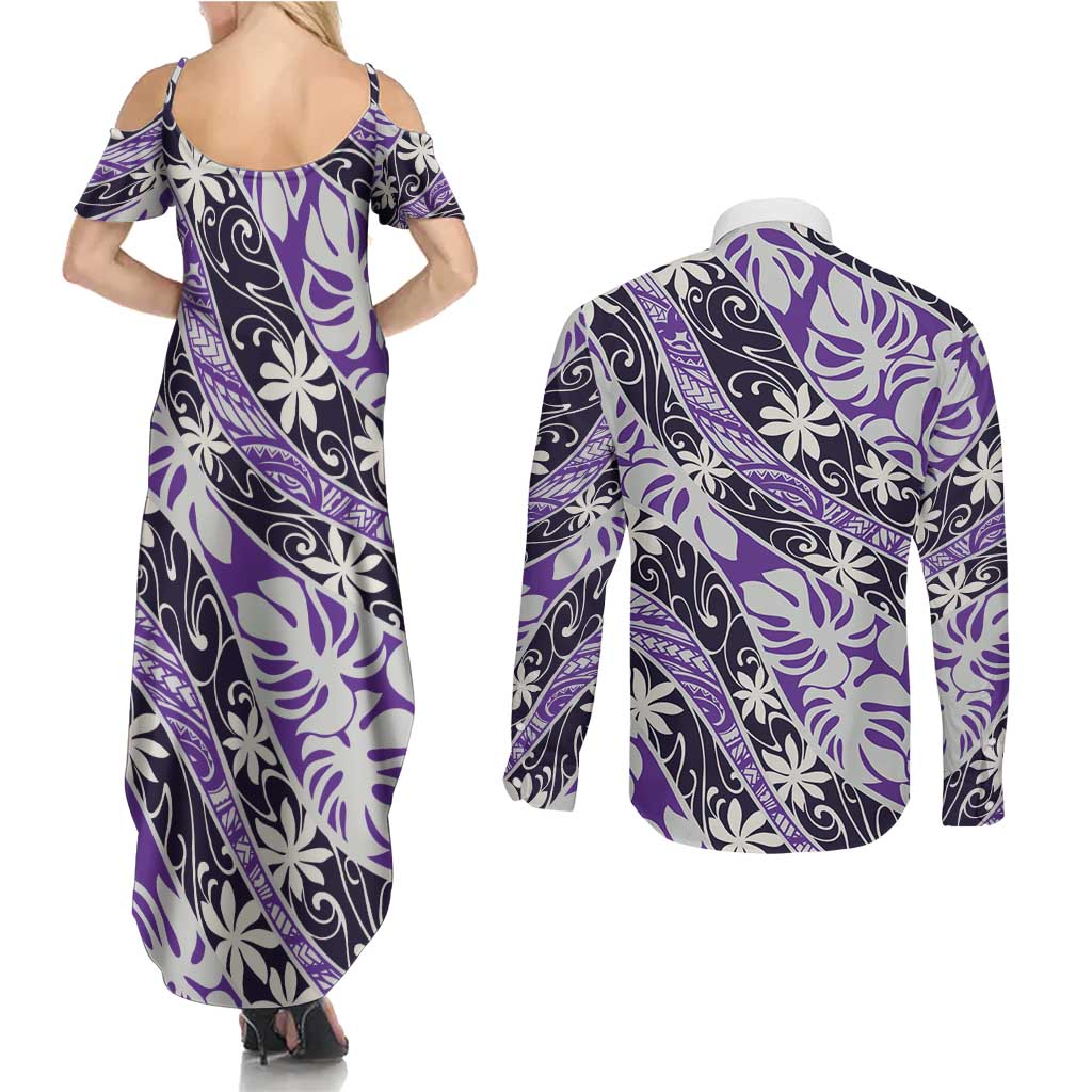 Vareau Tahiti Tiare Monstera Couples Matching Summer Maxi Dress and Long Sleeve Button Shirt Polynesian Pattern Curve Style - Polynesian Pride