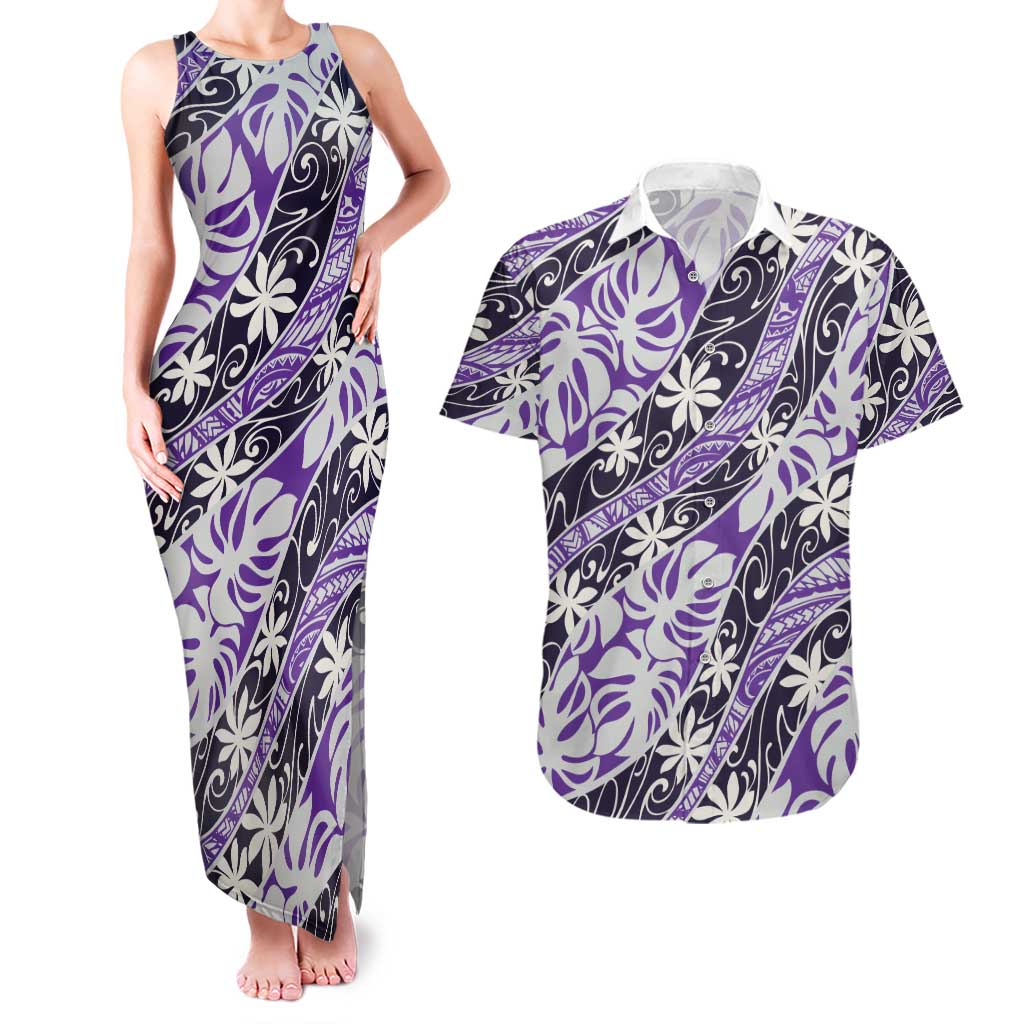 Vareau Tahiti Tiare Monstera Couples Matching Tank Maxi Dress and Hawaiian Shirt Polynesian Pattern Curve Style LT01 Purple - Polynesian Pride