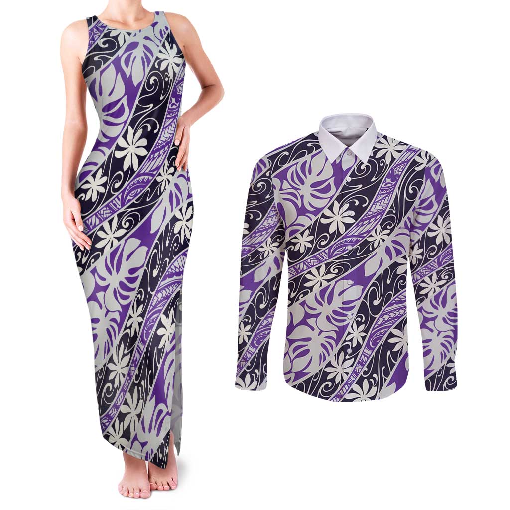 Vareau Tahiti Tiare Monstera Couples Matching Tank Maxi Dress and Long Sleeve Button Shirt Polynesian Pattern Curve Style LT01 Purple - Polynesian Pride