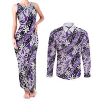 Vareau Tahiti Tiare Monstera Couples Matching Tank Maxi Dress and Long Sleeve Button Shirt Polynesian Pattern Curve Style LT01 Purple - Polynesian Pride