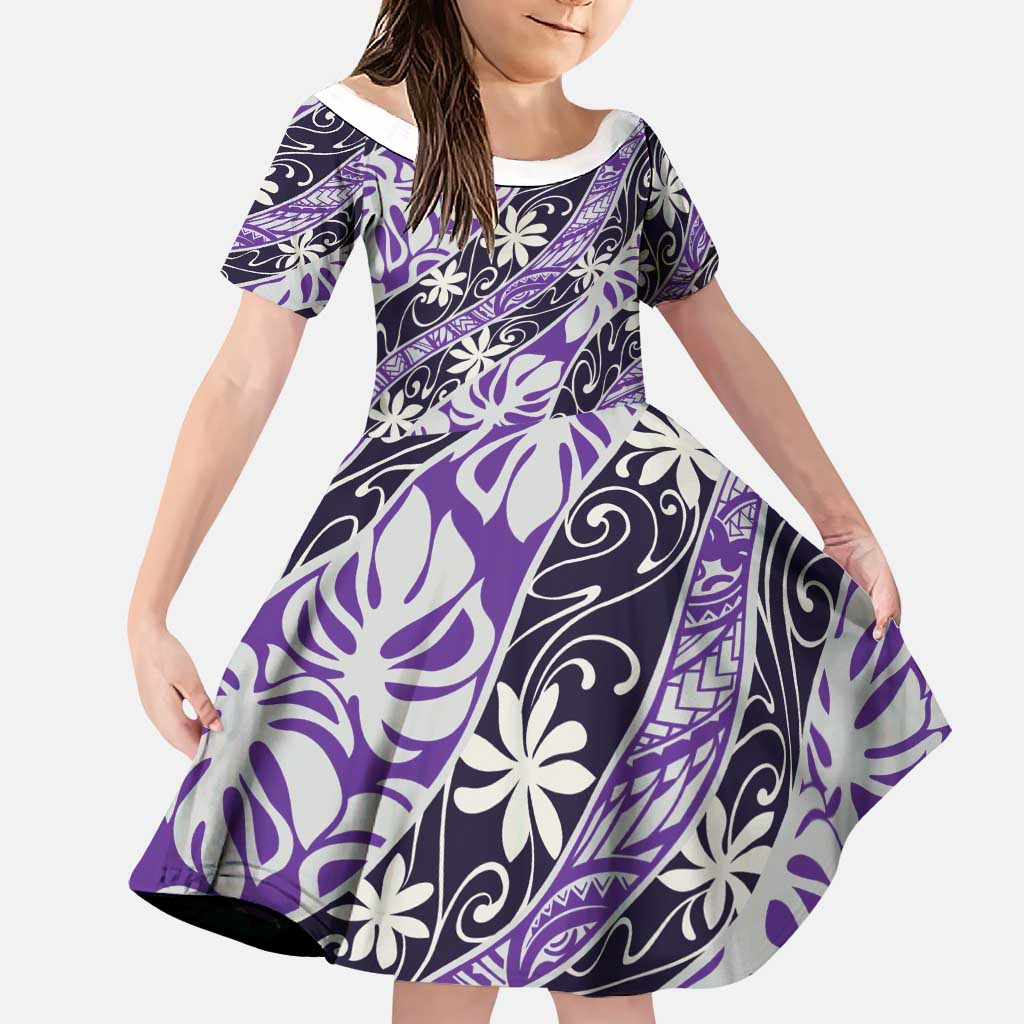 Vareau Tahiti Tiare Monstera Family Matching Off The Shoulder Long Sleeve Dress and Hawaiian Shirt Polynesian Pattern Curve Style LT01 Daughter's Dress Purple - Polynesian Pride