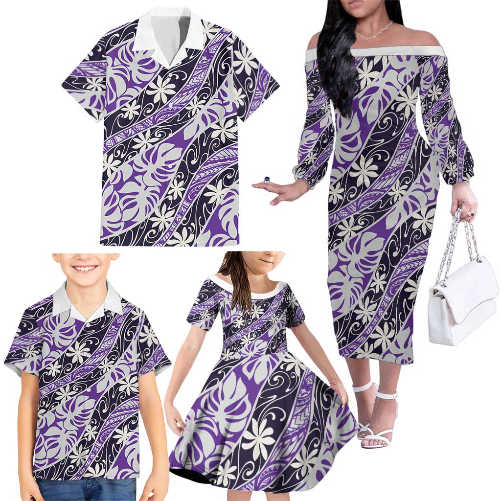 Vareau Tahiti Tiare Monstera Family Matching Off The Shoulder Long Sleeve Dress and Hawaiian Shirt Polynesian Pattern Curve Style LT01 - Polynesian Pride