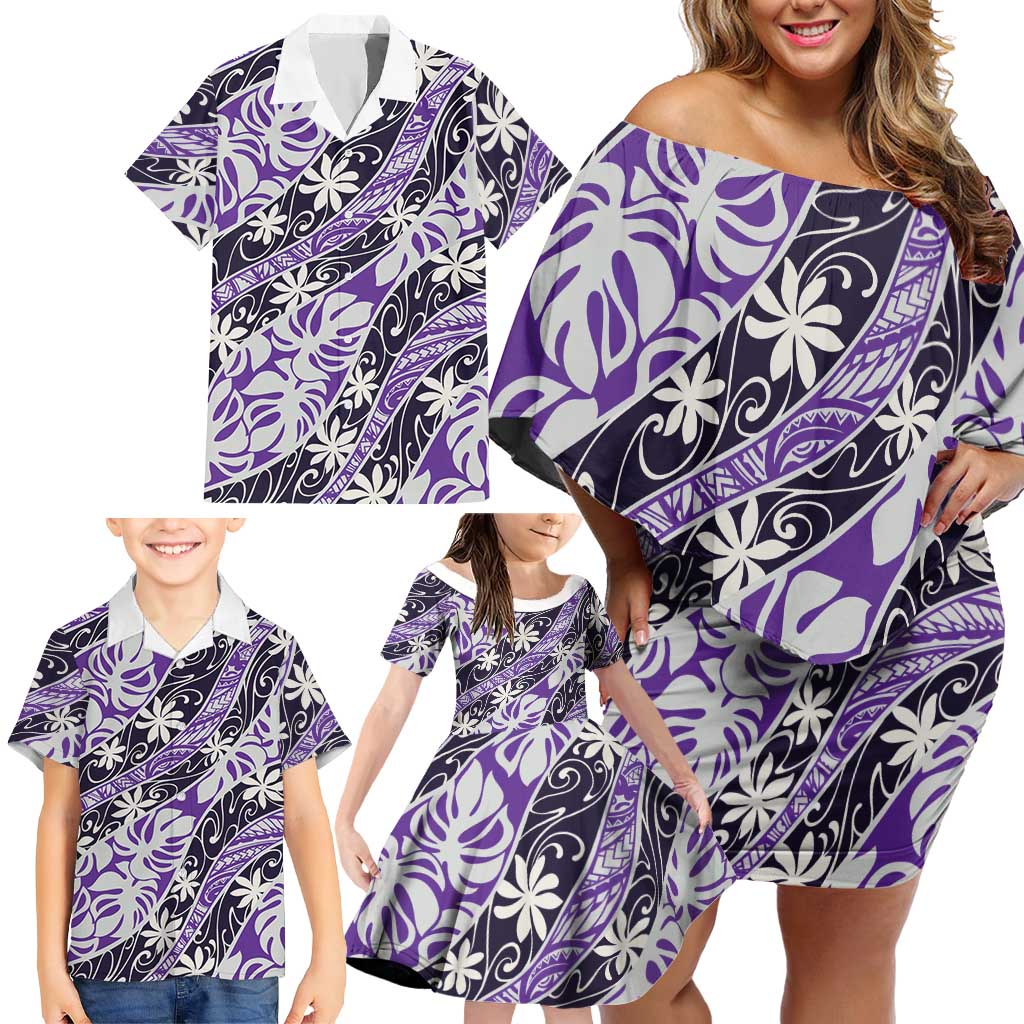 Vareau Tahiti Tiare Monstera Family Matching Off Shoulder Short Dress and Hawaiian Shirt Polynesian Pattern Curve Style LT01 - Polynesian Pride