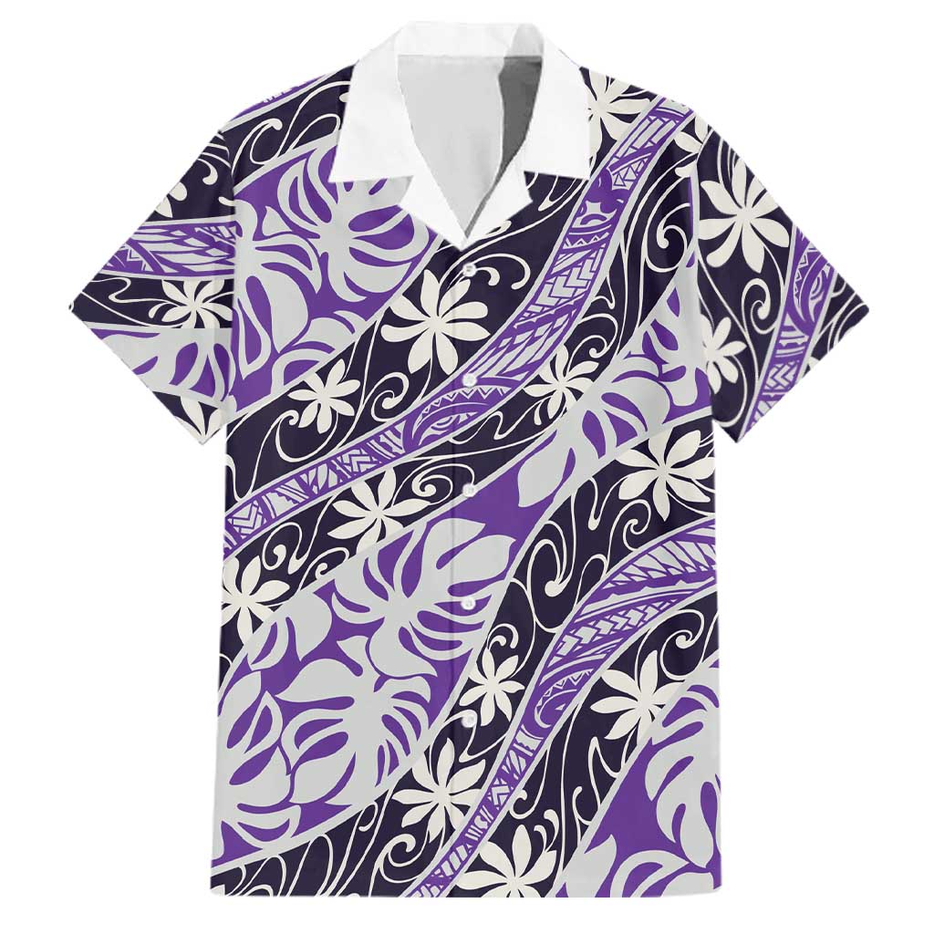 Vareau Tahiti Tiare Monstera Family Matching Off Shoulder Short Dress and Hawaiian Shirt Polynesian Pattern Curve Style LT01 Dad's Shirt - Short Sleeve Purple - Polynesian Pride