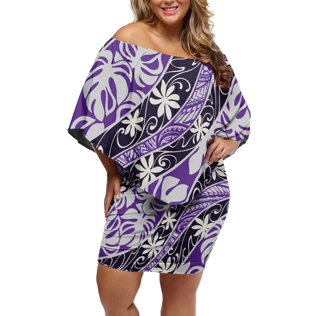 Vareau Tahiti Tiare Monstera Family Matching Off Shoulder Short Dress and Hawaiian Shirt Polynesian Pattern Curve Style LT01 Mom's Dress Purple - Polynesian Pride