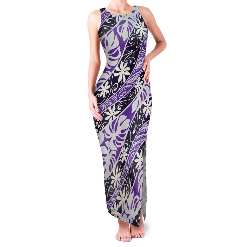 Vareau Tahiti Tiare Monstera Family Matching Tank Maxi Dress and Hawaiian Shirt Polynesian Pattern Curve Style LT01 Mom's Dress Purple - Polynesian Pride