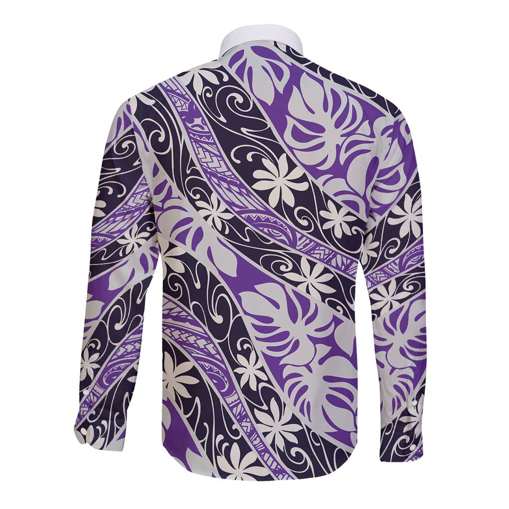 Vareau Tahiti Tiare Monstera Long Sleeve Button Shirt Polynesian Pattern Curve Style - Polynesian Pride