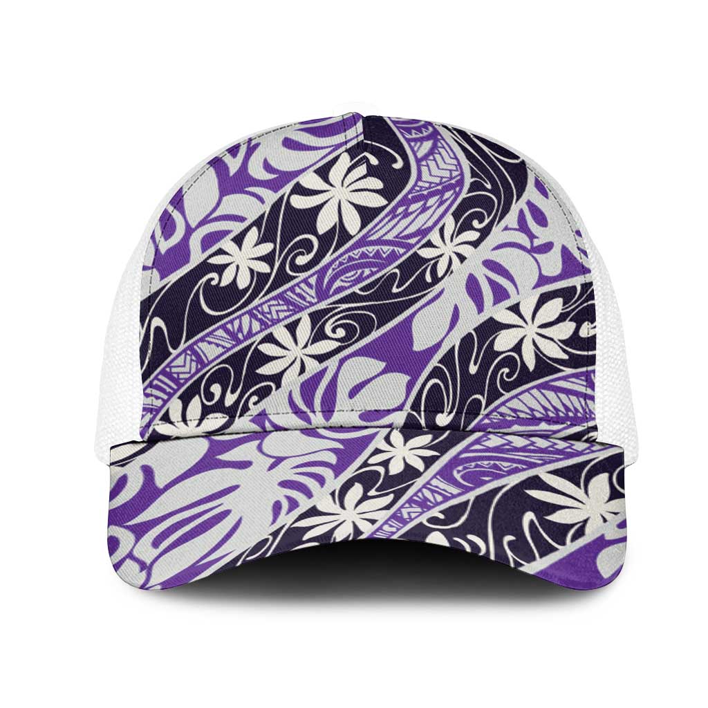 Vareau Tahiti Tiare Monstera Mesh Trucker Cap Polynesian Pattern Curve Style LT01 One Size White Purple - Polynesian Pride