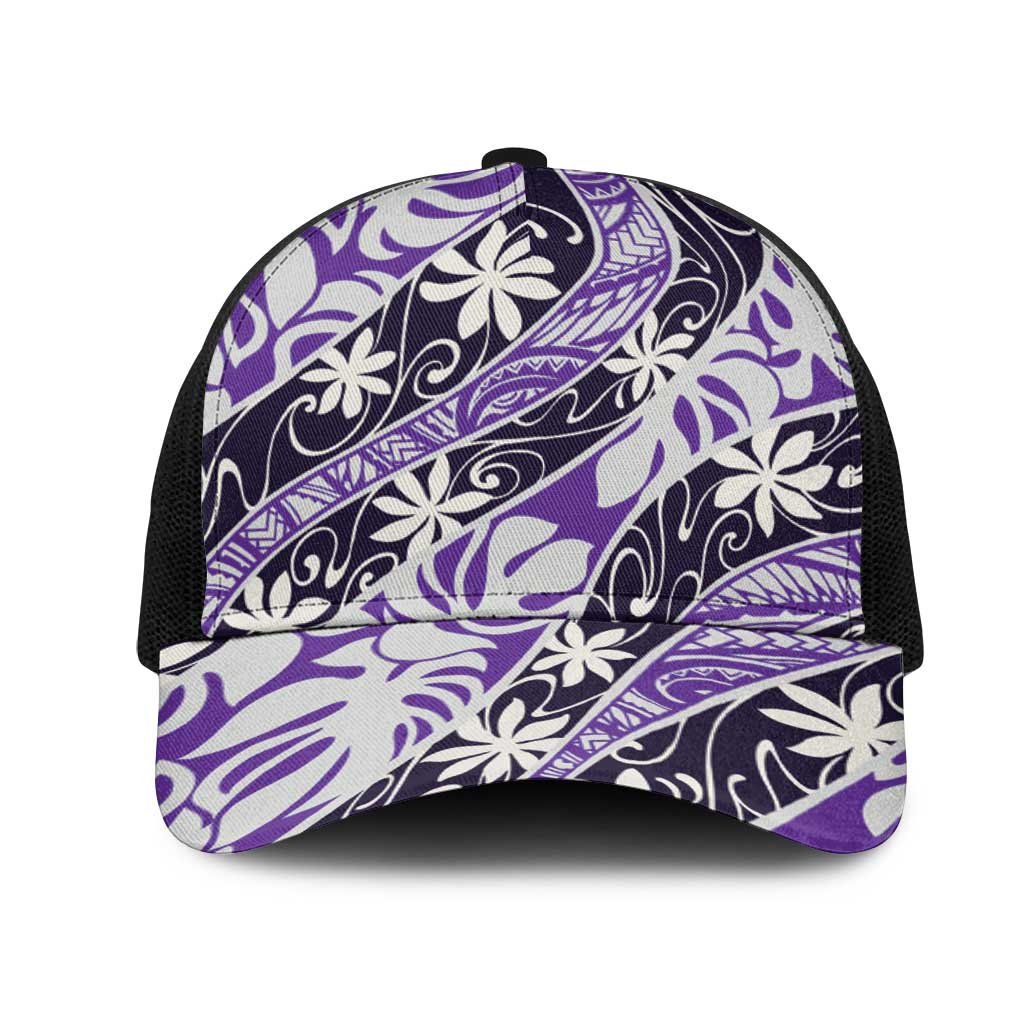 Vareau Tahiti Tiare Monstera Mesh Trucker Cap Polynesian Pattern Curve Style LT01 One Size Black Purple - Polynesian Pride