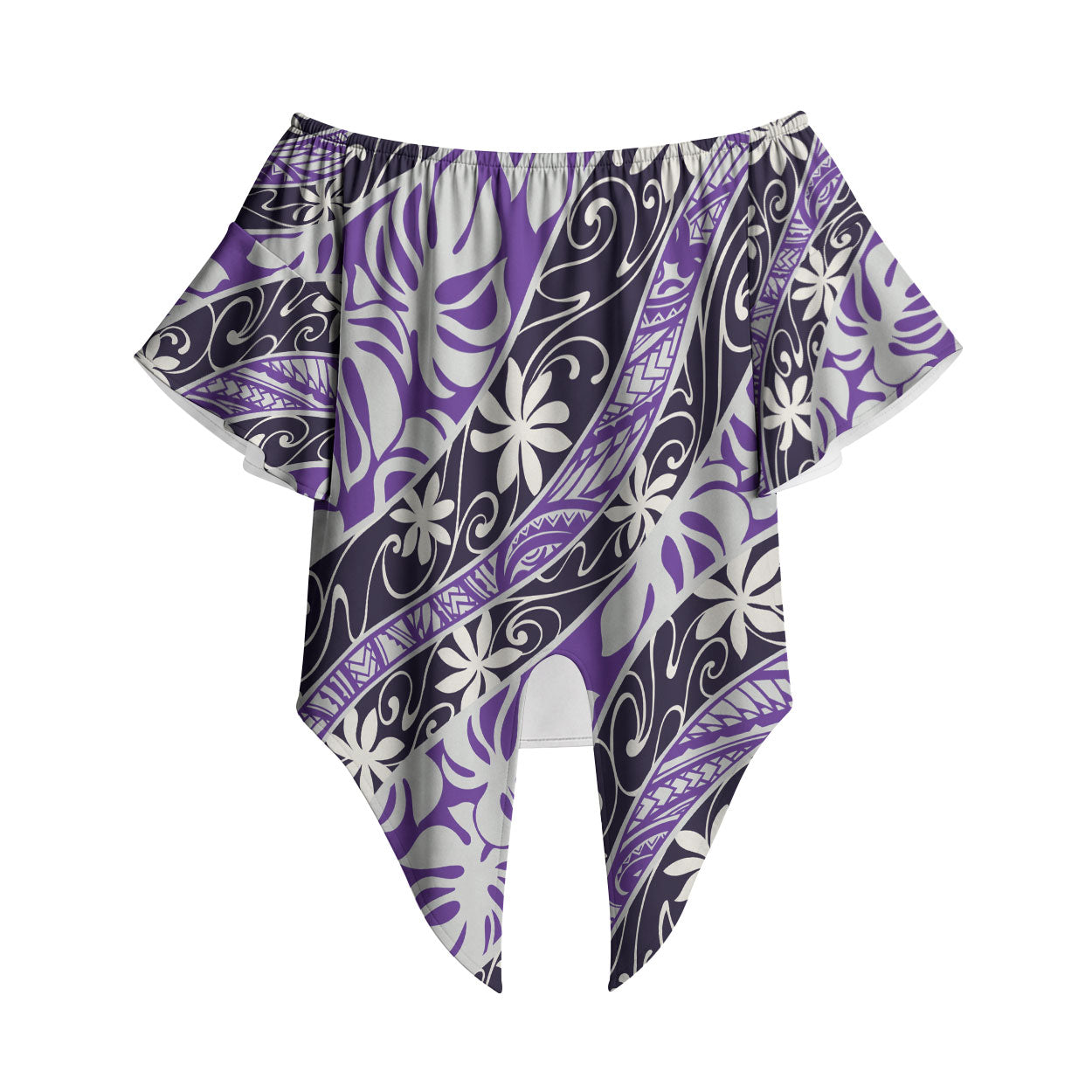 Vareau Tahiti Tiare Monstera Off Shoulder Wrap Waist Top Polynesian Pattern Curve Style LT01 Purple - Polynesian Pride