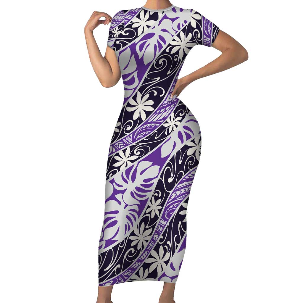 Vareau Tahiti Tiare Monstera Short Sleeve Bodycon Dress Polynesian Pattern Curve Style - Polynesian Pride