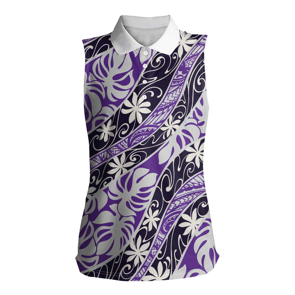 Vareau Tahiti Tiare Monstera Women Sleeveless Polo Shirt Polynesian Pattern Curve Style LT01 Female Purple - Polynesian Pride