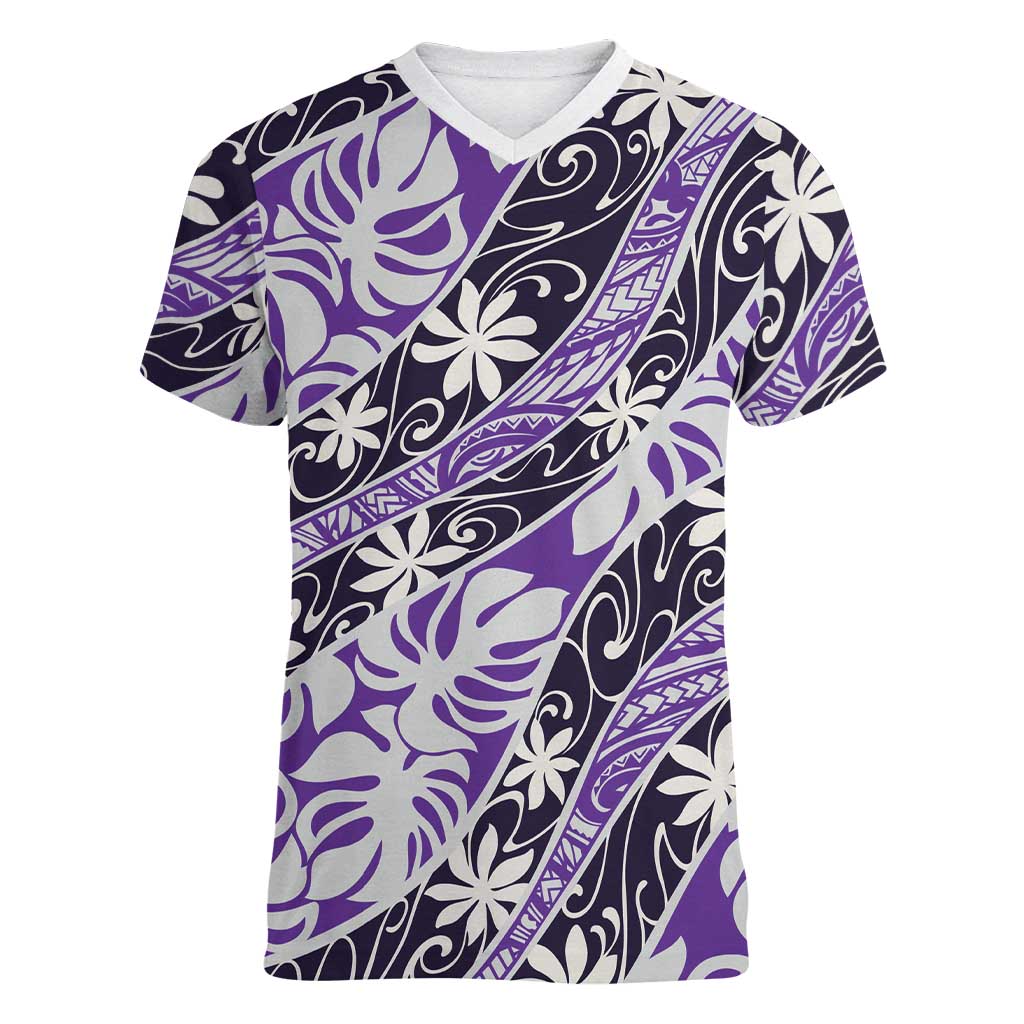Vareau Tahiti Tiare Monstera Women V-Neck T-Shirt Polynesian Pattern Curve Style - Polynesian Pride