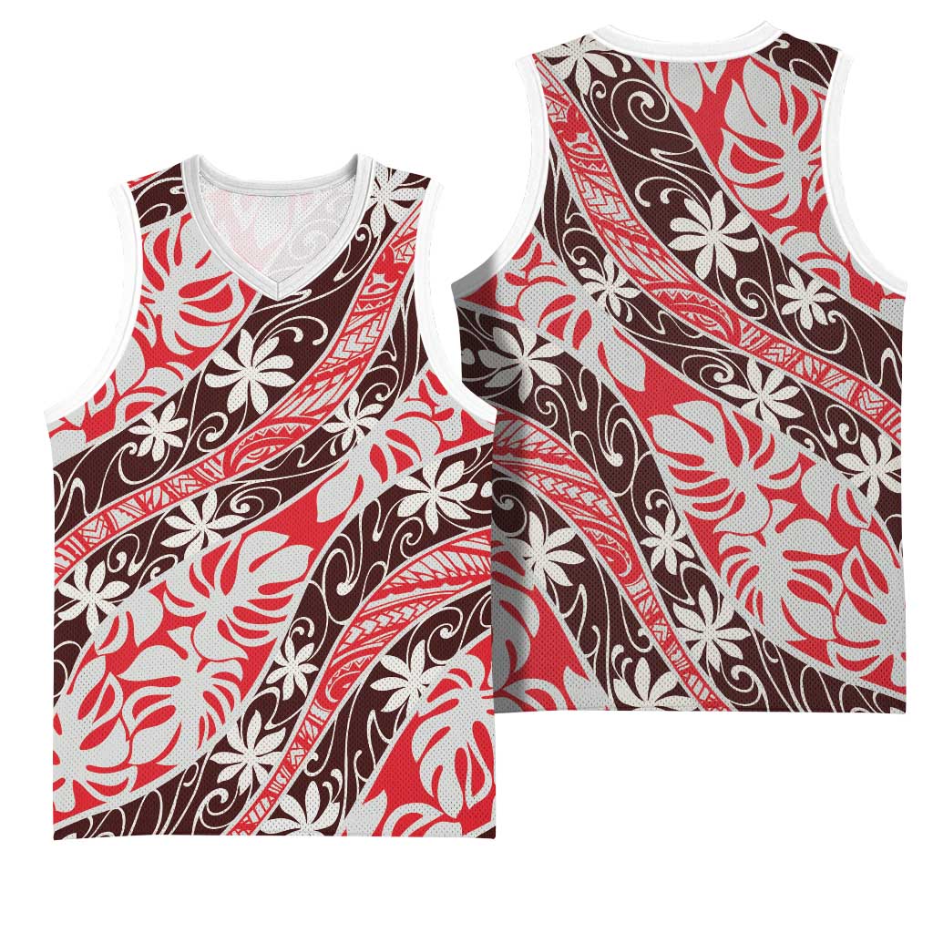 Uteute Tahiti Tiare Monstera Basketball Jersey Polynesian Pattern Curve Style - Polynesian Pride