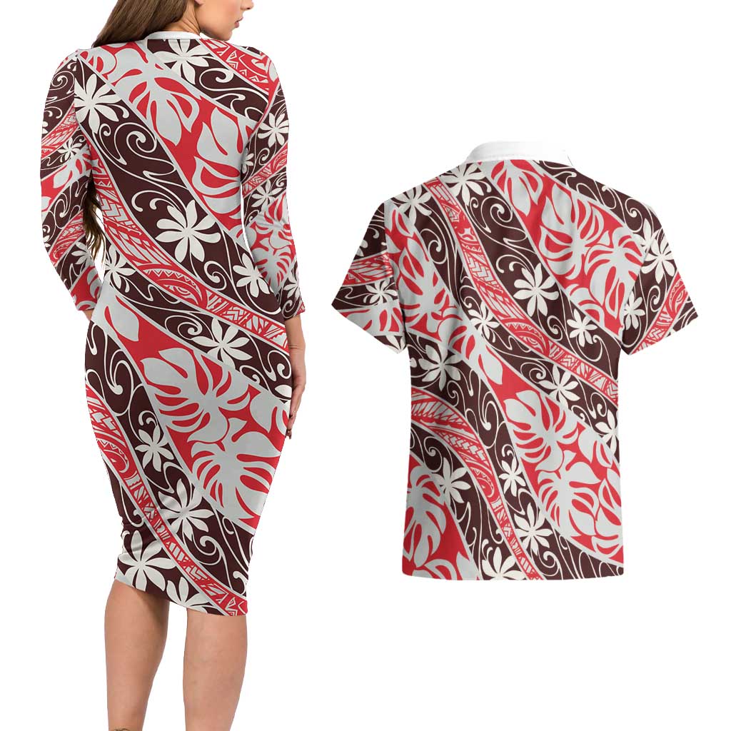 Uteute Tahiti Tiare Monstera Couples Matching Long Sleeve Bodycon Dress and Hawaiian Shirt Polynesian Pattern Curve Style LT01 - Polynesian Pride
