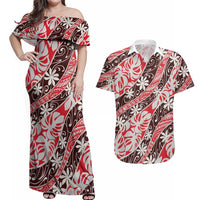 Uteute Tahiti Tiare Monstera Couples Matching Off Shoulder Maxi Dress and Hawaiian Shirt Polynesian Pattern Curve Style LT01 Red - Polynesian Pride
