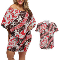 Uteute Tahiti Tiare Monstera Couples Matching Off Shoulder Short Dress and Hawaiian Shirt Polynesian Pattern Curve Style LT01 Red - Polynesian Pride