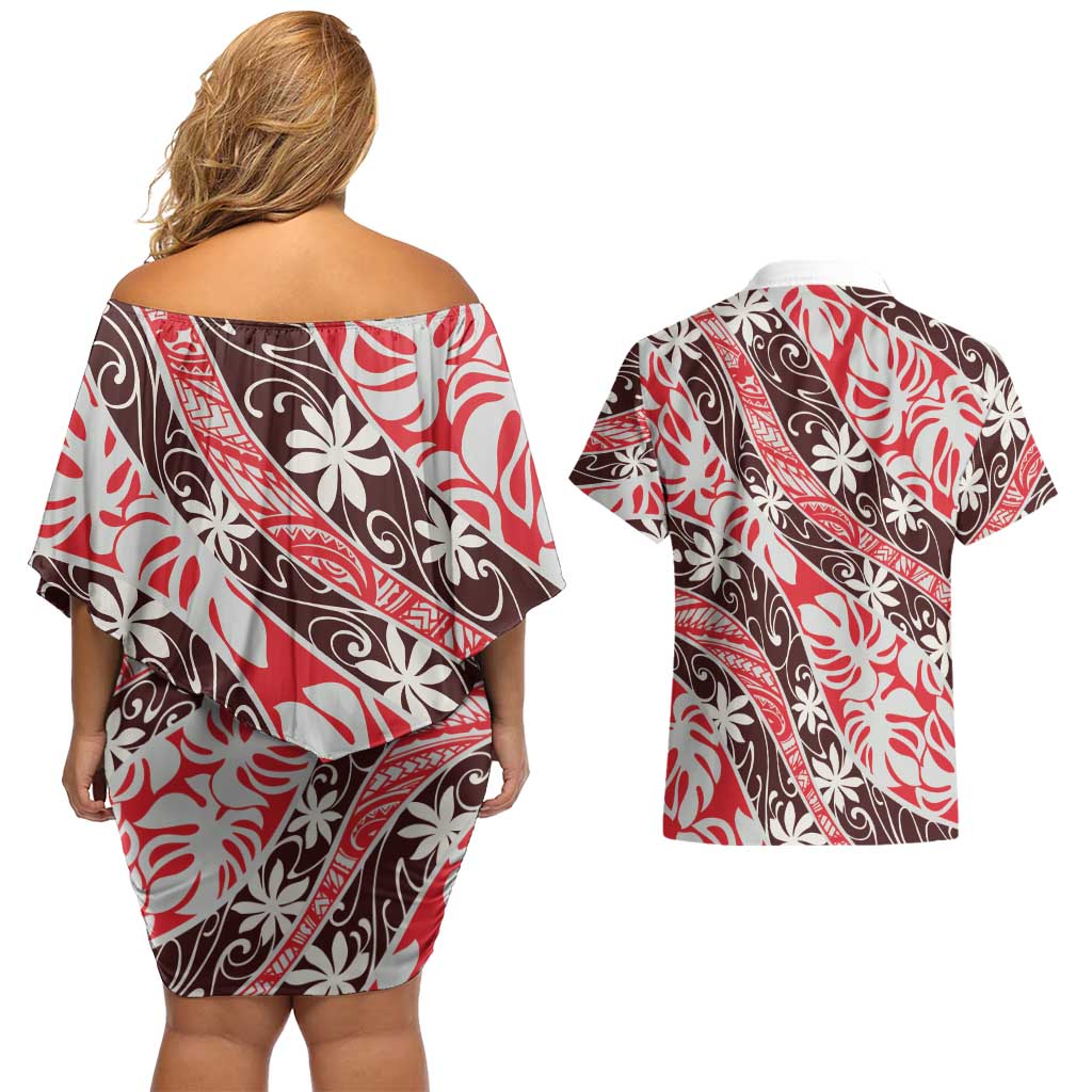 Uteute Tahiti Tiare Monstera Couples Matching Off Shoulder Short Dress and Hawaiian Shirt Polynesian Pattern Curve Style LT01 - Polynesian Pride